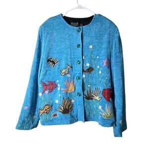 Puffin Island Sportswear Jacket Size XL Blue Embroidered Sea Themed Art To Wear